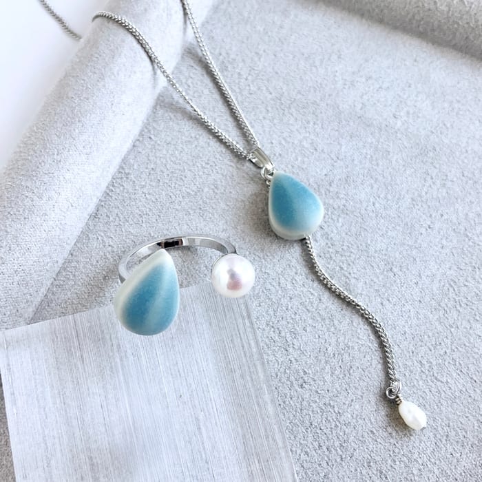 美濃焼×淡水パールのフォークリング・ネックレスのセット フロストブルー